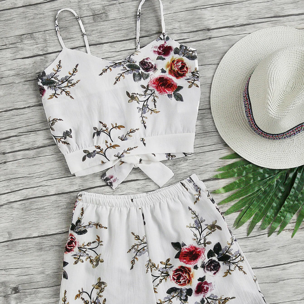 Floral Print Split Bow Tie Back Cami Top W top